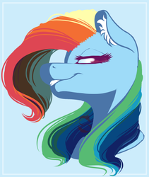 Size: 386x458 | Tagged: safe, artist:sgtscribbles, edit, part of a set, rainbow dash, pony, g4, blue background, bust, cropped, ear fluff, female, grin, lidded eyes, looking back, mare, simple background, smiling, solo, watermark