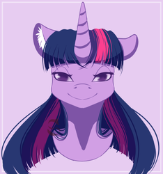 Size: 428x458 | Tagged: safe, artist:sgtscribbles, edit, part of a set, twilight sparkle, pony, g4, bust, cropped, ear fluff, female, floppy ears, lidded eyes, looking at you, mare, pink background, simple background, smiling, solo, uncanny valley, watermark