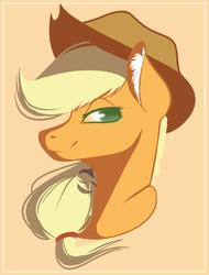 Size: 371x489 | Tagged: safe, artist:sgtscribbles, edit, part of a set, applejack, earth pony, pony, g4, applejack's hat, brown background, bust, cowboy hat, cropped, ear fluff, female, hat, lidded eyes, mare, simple background, smiling, solo, watermark