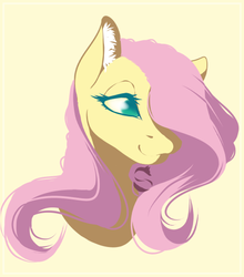 Size: 431x490 | Tagged: safe, artist:sgtscribbles, edit, part of a set, fluttershy, pony, g4, bust, cropped, ear fluff, female, hair over one eye, lidded eyes, mare, simple background, smiling, solo, watermark, yellow background