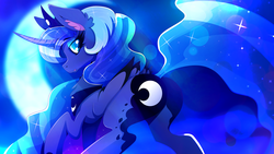 Size: 1920x1080 | Tagged: safe, alternate version, artist:rariedash, princess luna, alicorn, pony, g4, butt, color porn, crescent moon, curved horn, ethereal mane, female, horn, looking at you, looking back, looking back at you, mare, moon, moonbutt, neck fluff, night, plot, sidemouth, solo, starry mane, wallpaper
