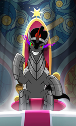 Size: 1080x1787 | Tagged: safe, part of a set, king sombra, pony, unicorn, g4, the beginning of the end, antagonist, april fools, evil smile, game of thrones, grin, instagram, male, part of a series, s9 throne series, smiling, smirk, solo, stallion, throne, throne room