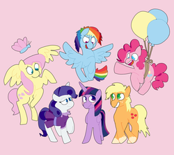 Size: 1280x1148 | Tagged: safe, artist:lynmunn, applejack, fluttershy, pinkie pie, rainbow dash, rarity, twilight sparkle, alicorn, butterfly, pony, g4, balloon, floating, happy, mane six, rope, simple background, then watch her balloons lift her up to the sky, twilight sparkle (alicorn)