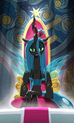 Size: 1077x1787 | Tagged: dead source, safe, part of a set, queen chrysalis, changeling, changeling queen, pony, g4, season 9, the beginning of the end, crossed legs, female, instagram, looking at you, part of a series, s9 throne series, smiling, solo, teaser, throne, throne room