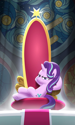 Size: 1077x1787 | Tagged: safe, artist:horsesplease, part of a set, starlight glimmer, pony, unicorn, g4, >:), communism in the comments, evil grin, evil starlight, female, glorious leader, mare, part of a series, relapse, s5 starlight, s9 throne series, smiling, smirk, smug, smuglight glimmer, solo, supreme, the great dictator, this will end in communism, this will end in timeline distortion, throne, throne room, welcome home twilight
