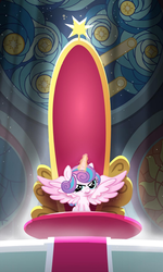 Size: 1077x1791 | Tagged: safe, princess flurry heart, alicorn, pony, g4, evil flurry heart, foal, glowing horn, horn, s9 throne series, sitting, smiling, smirk, spread wings, throne, throne room, wings