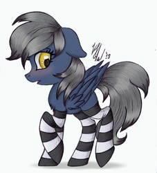 Size: 1958x2160 | Tagged: safe, artist:justshy, oc, oc only, oc:recky rich, pegasus, pony, blushing, clothes, cute, female, mare, simple background, socks, solo, striped socks