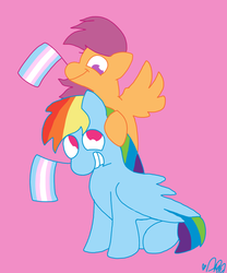 Size: 1000x1200 | Tagged: safe, artist:lynmunn, rainbow dash, scootaloo, pegasus, pony, g4, brothers, cute, duo, gender headcanon, lgbt headcanon, male, pride, pride flag, simple background, trans brothers, transgender, transgender pride flag