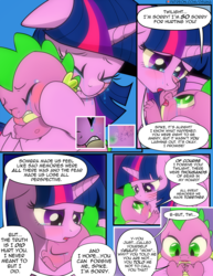 Size: 1275x1650 | Tagged: safe, artist:dsana, spike, twilight sparkle, alicorn, dragon, pony, comic:the shadow shard, g4, apology, comic, crying, dialogue, duo, female, floppy ears, hug, implied king sombra, male, mama twilight, mare, runny nose, spikelove, tears of joy, twilight sparkle (alicorn)