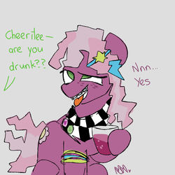 Size: 1000x1000 | Tagged: safe, artist:lynmunn, cheerilee, pony, g4, 80s, 80s cheerilee, alcohol, braces, drinking, drunk, drunk cheerilee, female, offscreen character, simple background, solo, text, tongue out, younger