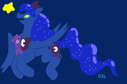 Size: 1500x1000 | Tagged: safe, artist:lynmunn, princess luna, alicorn, pony, g4, blue background, cutie mark, female, horn, jewelry, lineless, mare, open mouth, plushie, regalia, simple background, solo, stars, tiara, wings