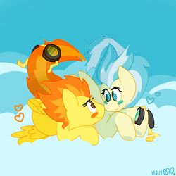 Size: 1000x1000 | Tagged: safe, artist:lynmunn, misty fly, spitfire, pegasus, pony, g4, blushing, cloud, goggles, heart, shipping, spitfly