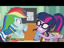 Size: 320x240 | Tagged: safe, screencap, rainbow dash, sci-twi, twilight sparkle, equestria girls, g4, my little pony equestria girls: better together, the last day of school, ah, animated, black bars, canterlot high, chair, classroom, female, geode of super speed, glasses, graph, jewelry, letterboxing, magical geodes, pendant, ponytail, school, sound, tara strong, webm