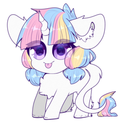 Size: 2000x2000 | Tagged: safe, artist:etoz, oc, oc only, oc:lorelei, pony, chibi, cute, female, fluffy, high res, horn, mare, rainbow hair, simple background, smiling, tongue out, transparent background