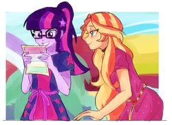 Size: 1327x959 | Tagged: safe, artist:keeerooooo1, sci-twi, sunset shimmer, twilight sparkle, equestria girls, equestria girls specials, g4, my little pony equestria girls: better together, my little pony equestria girls: spring breakdown, clothes, duo, female, geode of empathy, geode of telekinesis, glasses, lesbian, magical geodes, ship:sci-twishimmer, ship:sunsetsparkle, shipping