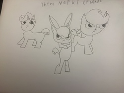 Size: 4032x3024 | Tagged: safe, artist:undeadponysoldier, apple bloom, scootaloo, sweetie belle, pony, g4, band, crossed arms, cutie mark crusaders, lineart, parody, three days grace, traditional art