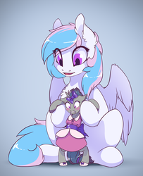 Size: 2844x3500 | Tagged: safe, artist:arctic-fox, oc, oc only, oc:starburn, oc:verlo streams, pegasus, pony, bipedal, blushing, clothes, crossdressing, dress, embarrassed, hair bow, high res, micro, size difference