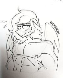 Size: 872x1084 | Tagged: safe, artist:redxbacon, oc, oc only, oc:delta dart, anthro, clothes, muscles, partial nudity, sketch, smug, solo, swol, topless
