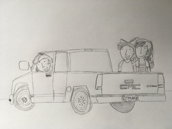 Size: 4032x3024 | Tagged: safe, apple bloom, scootaloo, sweetie belle, equestria girls, g4, apple bloom's bow, black and white, bow, cutie mark crusaders, general motors, gmc, gmc sierra, grayscale, hair bow, looking at you, monochrome, photo, pickup truck, pun, sketch, standing, traditional art, truck