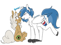 Size: 891x659 | Tagged: safe, artist:redxbacon, oc, oc only, oc:delta dart, oc:rewind, hippogriff, pony, unicorn, boop, cute, delwind, size difference, surprised, talons