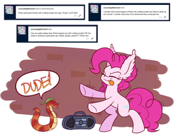 Size: 1280x1024 | Tagged: safe, artist:heir-of-rick, pinkie pie, earth pony, pony, snake, g4, ask, backwards ballcap, baseball cap, boombox, cap, dancing, hat, tongue out, tumblr