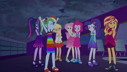 Size: 1920x1080 | Tagged: safe, screencap, applejack, fluttershy, pinkie pie, rainbow dash, rarity, sci-twi, sunset shimmer, twilight sparkle, equestria girls, equestria girls series, g4, spring breakdown, spoiler:eqg series (season 2), boat, cruise concert outfit, cruise outfit, dark, deck, excited, feet, female, humane five, humane seven, humane six, legs, open-toed shoes, sandals, sleeveless, toes, unamused, unsure
