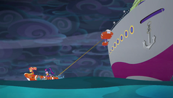 Size: 1920x1080 | Tagged: safe, screencap, sunset shimmer, twilight sparkle, equestria girls, equestria girls specials, g4, my little pony equestria girls: better together, my little pony equestria girls: spring breakdown, anchor, boat, cruise ship, dark, lifejacket, ocean, oops, rope, stuck, tether