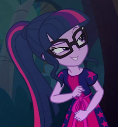 Size: 698x752 | Tagged: safe, screencap, twilight sparkle, equestria girls, equestria girls specials, g4, my little pony equestria girls: better together, my little pony equestria girls: spring breakdown, cropped, dark, forest, smiling, smirk