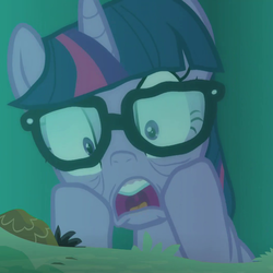 Size: 1044x1044 | Tagged: safe, screencap, sci-twi, twilight sparkle, pony, unicorn, equestria girls, equestria girls series, g4, spring breakdown, spoiler:eqg series (season 2), cropped, equestria girls ponified, faic, glasses, gums, open mouth, ponified, puddle, reflection, shocked, unicorn sci-twi, uvula