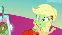 Size: 800x450 | Tagged: safe, screencap, applejack, pinkie pie, equestria girls, equestria girls series, g4, spring breakdown, spoiler:eqg series (season 2), animated, clothes, cup, dress, drink, female, glass, green face, kiwi fruit, puffy cheeks, punch (drink), punch bowl, seasickness, sleeveless, straw