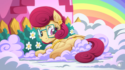 Size: 1920x1080 | Tagged: safe, alternate version, artist:mysticalpha, posey shy, pegasus, pony, g4, cloud, cute, female, fence, flower, flower in hair, folded wings, glasses, house, jewelry, lidded eyes, lightly watermarked, looking at you, mare, meganekko, necklace, posey shyabetes, prone, rainbow, sfw version, smiling, solo, strategically covered, underhoof, watermark, wings