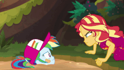 Size: 800x450 | Tagged: safe, screencap, rainbow dash, sunset shimmer, equestria girls, equestria girls series, g4, spring breakdown, spoiler:eqg series (season 2), animated, clothes, dress, duo, eye contact, female, fetish fuel, frown, geode of empathy, glare, glowing, gritted teeth, hat, jungle, looking at each other, magical geodes, out of context, pushing, quicksand, scared, sparkles, wat, wide eyes
