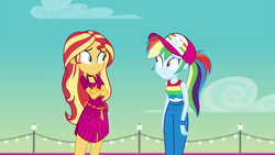 Size: 1920x1080 | Tagged: safe, screencap, rainbow dash, sunset shimmer, equestria girls, equestria girls specials, g4, my little pony equestria girls: better together, my little pony equestria girls: spring breakdown, baseball cap, beads, bra, bra strap, cap, choker, clothes, cruise outfit, cutie mark, cutie mark on clothes, dress, duo, duo female, female, front knot midriff, geode of empathy, geode of super speed, hat, magical geodes, midriff, pants, ponytail, sequins, short dress, sleeveless, tank top, underwear, wristband