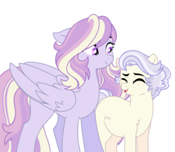 Size: 3868x3352 | Tagged: safe, artist:rosebuddity, oc, oc only, oc:claygate pearmain, oc:dove sparkle, earth pony, pegasus, pony, female, high res, magical lesbian spawn, mare, offspring, parent:fluttershy, parent:twilight sparkle, parents:twishy, simple background, transparent background
