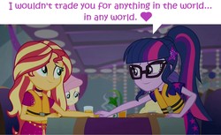 Size: 1675x1025 | Tagged: safe, edit, edited screencap, editor:leonidus, editor:mycarhasamoustache, screencap, applejack, fluttershy, sci-twi, sunset shimmer, twilight sparkle, equestria girls, equestria girls specials, g4, my little pony equestria girls: better together, my little pony equestria girls: spring breakdown, dialogue, heart, holding hands, loving gaze, ship, shipping fuel, speech bubble, table, text