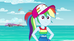 Size: 1920x1080 | Tagged: safe, screencap, rainbow dash, equestria girls, equestria girls series, g4, spring breakdown, spoiler:eqg series (season 2), clothes, cruise ship, female, geode of super speed, magical geodes, ocean, ponytail, ship, signal flare, sinking, sleeveless, solo, sunlight, tank top