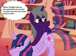 Size: 1467x1081 | Tagged: safe, artist:demonangeltheo, twilight sparkle, oc, alicorn, dracony, hybrid, pony, g4, butt scratch, butt touch, duo, face down ass up, female, golden oaks library, heart, male, mare, pony oc, scratching, stallion, tail wag, twilight sparkle (alicorn)