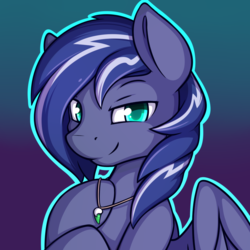 Size: 1000x1000 | Tagged: safe, artist:theparagon, oc, oc only, oc:lightning flare, pegasus, pony, alternate hairstyle, bust, commission, gradient background, green eyes, grin, hooves, jewelry, looking at you, male, necklace, smiling, stallion