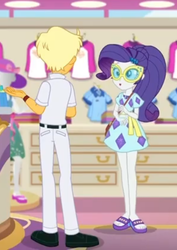 Size: 446x630 | Tagged: safe, screencap, ragamuffin (g4), rarity, equestria girls, equestria girls series, g4, spring breakdown, spoiler:eqg series (season 2), ankles, arms, clothes, cropped, feet, female, geode of shielding, glasses, legs, magical geodes, male, open-toed shoes, pants, ponytail, sandals, shoes, skirt