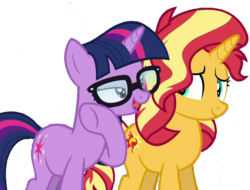Size: 2048x1557 | Tagged: dead source, safe, artist:php77, edit, edited screencap, editor:php77, screencap, sci-twi, sunset shimmer, twilight sparkle, unicorn, equestria girls, equestria girls specials, g4, my little pony equestria girls: better together, my little pony equestria girls: spring breakdown, background removed, duo, equestria girls ponified, female, glasses, mare, not a vector, simple background, transparent background, unicorn sci-twi, whispering