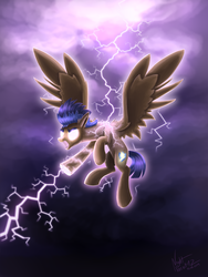Size: 2304x3072 | Tagged: safe, artist:nightpaint12, flash sentry, pegasus, pony, g4, cloud, cloudy, flash the lightning-bearer, flying, glowing, glowing eyes, high res, lightning, male, sky, solo, stormcloud