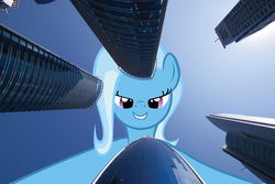Size: 2500x1673 | Tagged: safe, artist:theotterpony, trixie, pony, g4, city, giant pony, lip bite, looking at you, low angle, macro