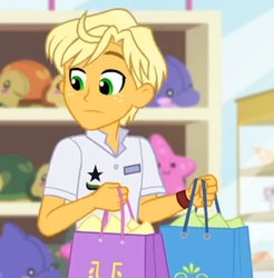 Size: 581x591 | Tagged: safe, screencap, ragamuffin (g4), equestria girls, equestria girls specials, g4, my little pony equestria girls: better together, my little pony equestria girls: spring breakdown, arms, clothes, cropped, freckles, male, shopping bag