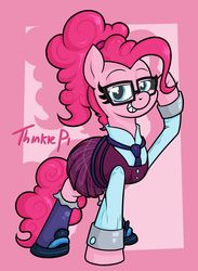Size: 1564x2136 | Tagged: safe, artist:moonatik, pinkie pie, pony, g4, abstract background, adjusting glasses, adorkable, alternate clothes, alternate hairstyle, clothes, crystal prep academy uniform, cuffs (clothes), cute, dork, female, glasses, looking at you, meganekko, necktie, nerdy, pleated skirt, ponytail, pun, school uniform, shirt, shoes, skirt, socks, solo, stockings, thigh highs