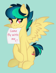 Size: 797x1032 | Tagged: safe, artist:virenth, oc, oc only, oc:apogee, pegasus, pony, female, looking at you, mouth hold, paper, simple background, sitting, solo