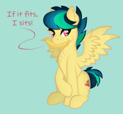 Size: 1111x1032 | Tagged: safe, artist:virenth, oc, oc only, oc:apogee, pegasus, pony, banana, female, food, if i fits i sits, looking at you, mouth hold, simple background, sitting, solo