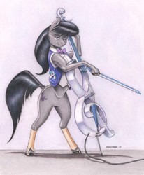Size: 1100x1338 | Tagged: safe, artist:baron engel, dj pon-3, octavia melody, vinyl scratch, earth pony, semi-anthro, g4, arm hooves, belly, belly button, biceps, bipedal, bipedal leaning, bow (instrument), cello, cello bow, clothes, colored pencil drawing, electric cello, featureless crotch, female, hoof hold, leaning, lender, mare, musical instrument, plushie, solo, spats, traditional art, vest
