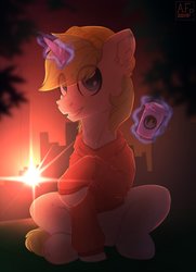 Size: 2176x3000 | Tagged: safe, artist:airfly-pony, oc, oc only, oc:markov strange, pony, rcf community, city, cityscape, clothes, coffee, high res, hoodie, looking at you, male, solo, starbucks, sunset