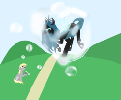 Size: 6160x5112 | Tagged: safe, artist:mr100dragon100, derpy hooves, queen chrysalis, changeling, changeling queen, pegasus, pony, g4, bubble, fangs, female, floating, open mouth, slit pupils, this will not end well, trapped