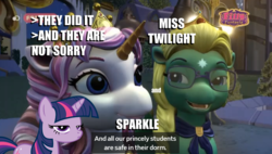 Size: 898x510 | Tagged: safe, edit, editor:pony-berserker, twilight sparkle, fairy filly (filly funtasia), filly (filly funtasia), pony, unicorn, unicorn filly (filly funtasia), g4, colored horn, filly (dracco), filly funtasia, horn, impact font, pun, screencap from another series, sparkle (filly funtasia), twilight (filly funtasia), unamused, unicorn twilight